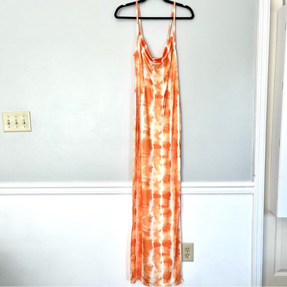 PrettyLittleThing Orange Tie Dye Cowl Neck Strappy Maxi Dress Size 6 - Picture 4 of 11